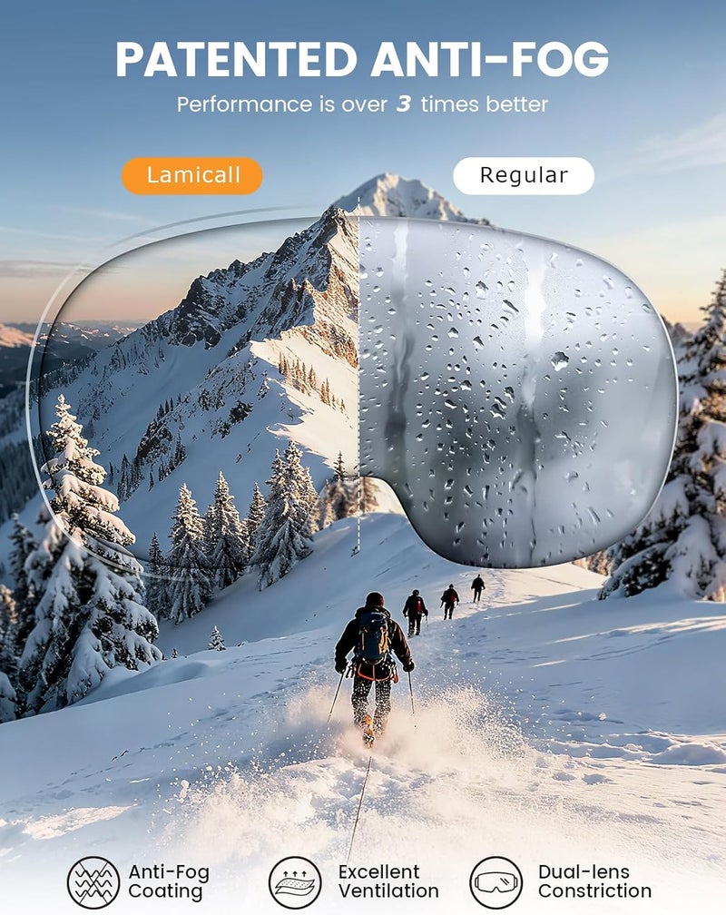 Lamicall Ski Goggles with 3X Anti-Fog - 100% UV Protection Spherical Lens, OTG for Skiing, Snowboard, Snowmobile, Men, Women - Image 3
